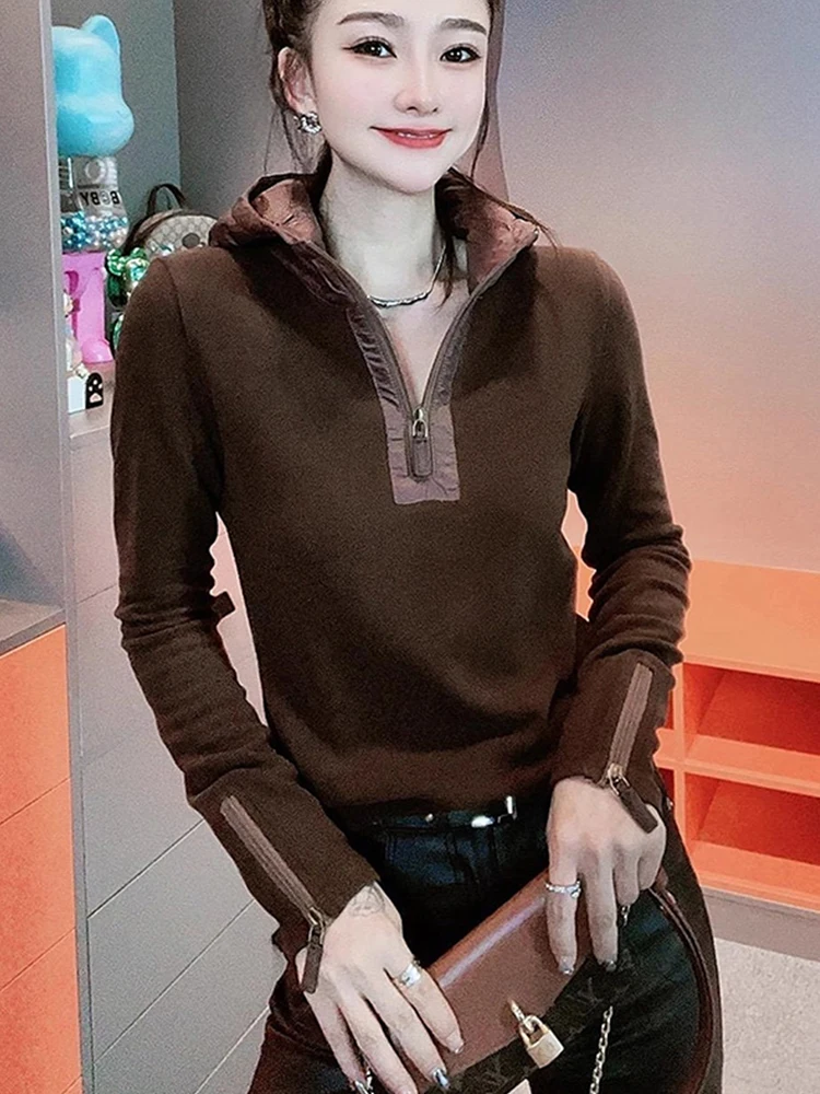 تصميم الإحساس f سستة مقنعين رداء علوي من الصوف الخريف عادية التخسيس قاعدة طبقة طويلة Sve العلوي المرأة Faion