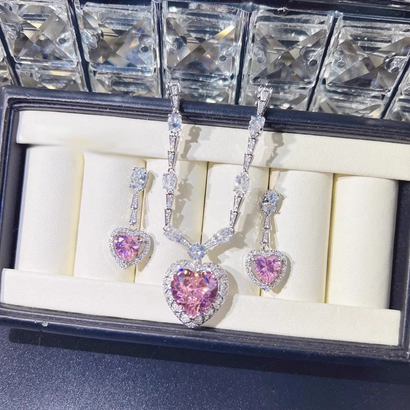 Foydjew 2023 New Trend European and American Fashion Pink Zircon Necklaces Heart-shaped Drop Earring Ring Jewelry Sets For Women