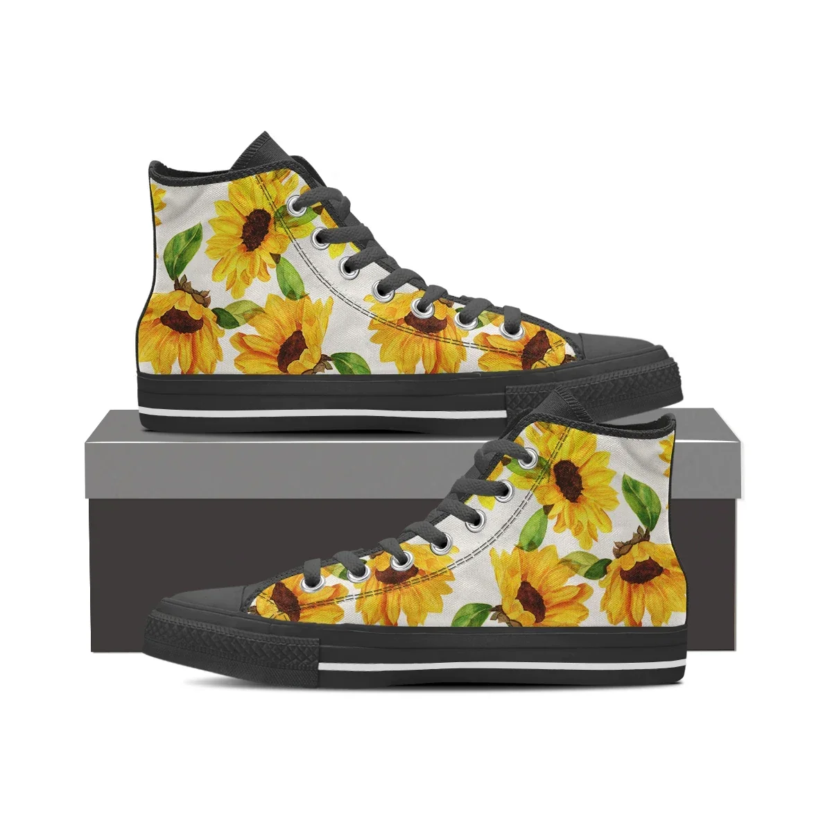 Ladies High Top Canvas Shoes Breathable Walking Vulcanized Sneakers Print Beautiful Sunflower Student Shoes
