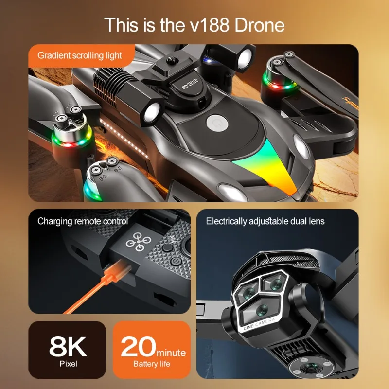 V188 Drone Professionale HD 8K Doppia Fotocamera con Volo Notturno RGB Faro Flusso Ottico Brushless flodable Rc Quadcopter Giocattolo