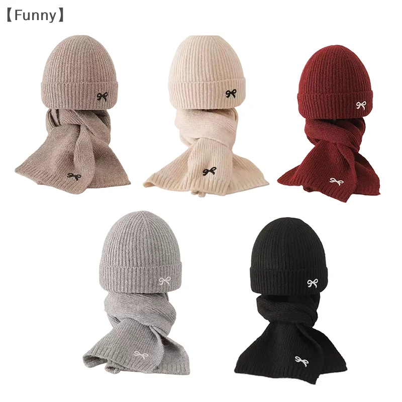 [مضحك] 2 قطعة مجموعة قبعات الأطفال والأوشحة الشتاء 1-8Y الاطفال أنيق Bowknot صبي فتاة طفل يندبروف محبوك قبعة صوفية وشاح