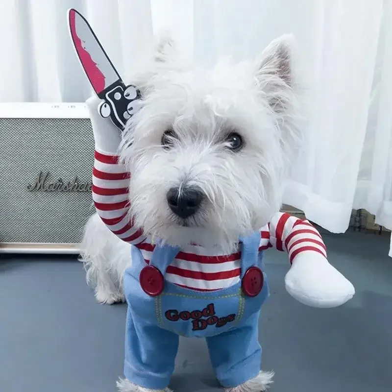 Ropa divertida de película de terror para perros, Conjunto de sudadera, disfraz de fiesta de mascotas Chucky, trajes cómicos, mono de vestido de Halloween
