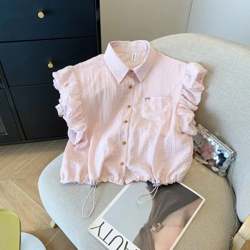 Trend Polo Neck Drawstring Short Y2K Blouse New Short Sleeve Solid Button Fashion Shirt Tops Sweet Casual Women Clothing XQ380