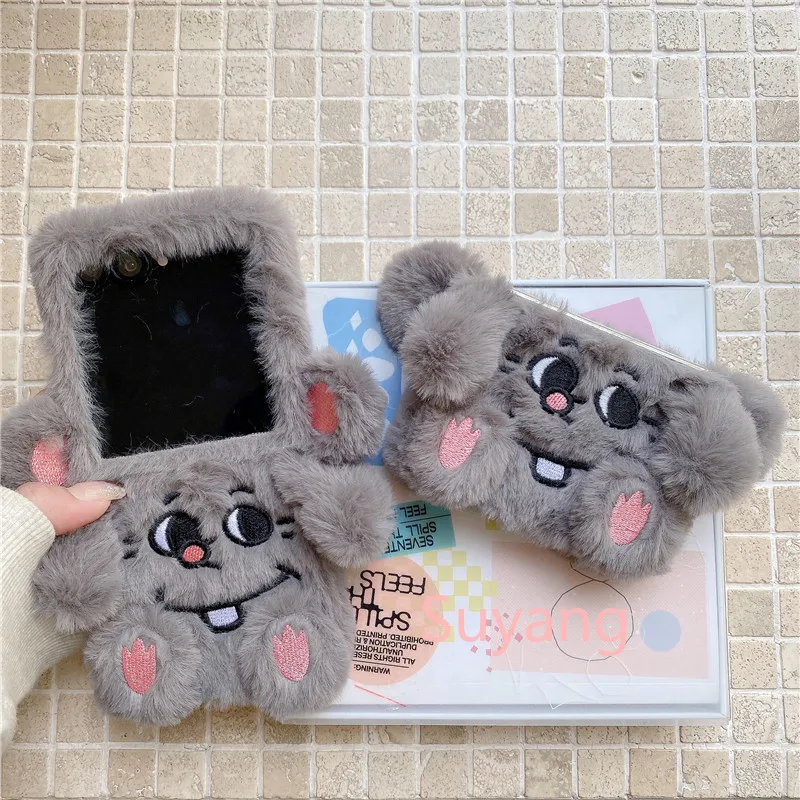 Cartoon Hairy Minnies Mouse Phone Cases For Samsung Galaxy Z Flip 7 FE 6 5G 5 4 3 ZFlip7 Warm Winter Shockproof Cover Gift Girl