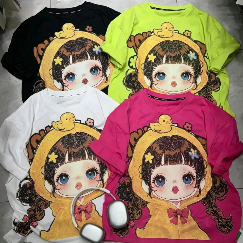 

2026 Summer New Arrival Cartoon Bee Little Girl Printed Short Sleeves T-shirt Women's Loose Casual Versatile Round Neck Top Tees