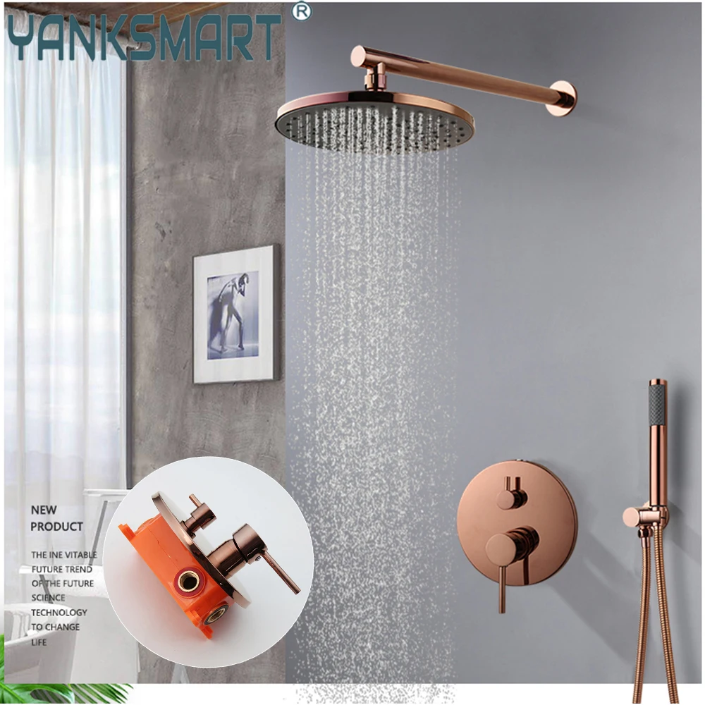 YANKSMART Rose Gold Bathroom Shower Faucet Wall Mount Shower System Set 8-9