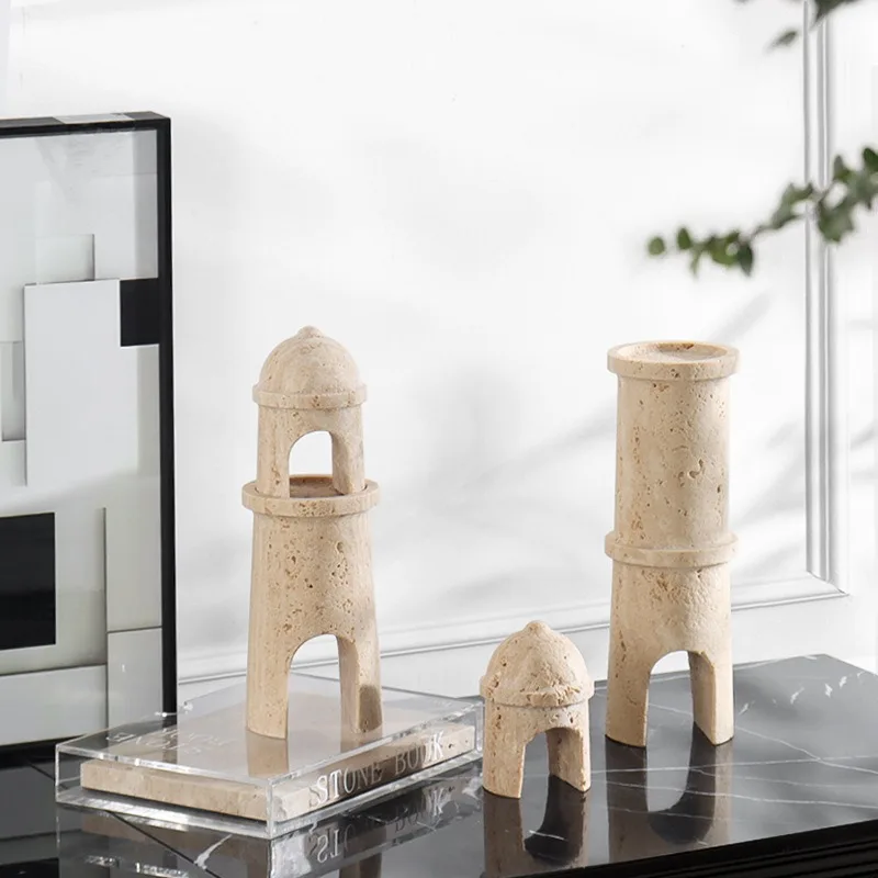 Medieval Style Travertine Castle Sculpture Ornament, Natural Marble Arch Decor, Tabletop Soft Decor for Showroom & Living Room