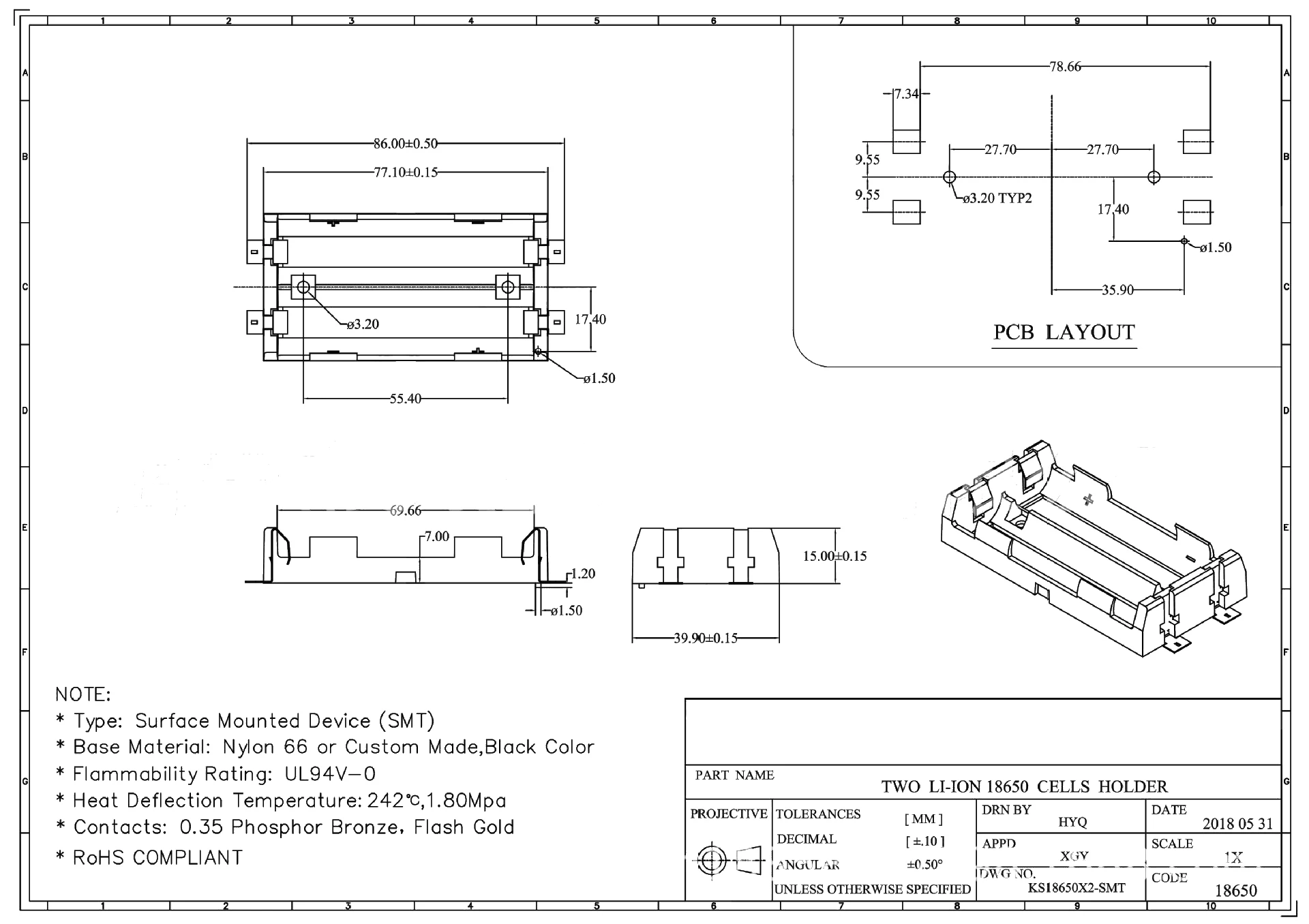 4S 18650 Batteriehalter 4er-Serie 14,8V SMT / THM Durchsteckmontage Optional Vergoldeter Nickel-Federkontakt PCB-Montage Batteriebuchse – Detail 3