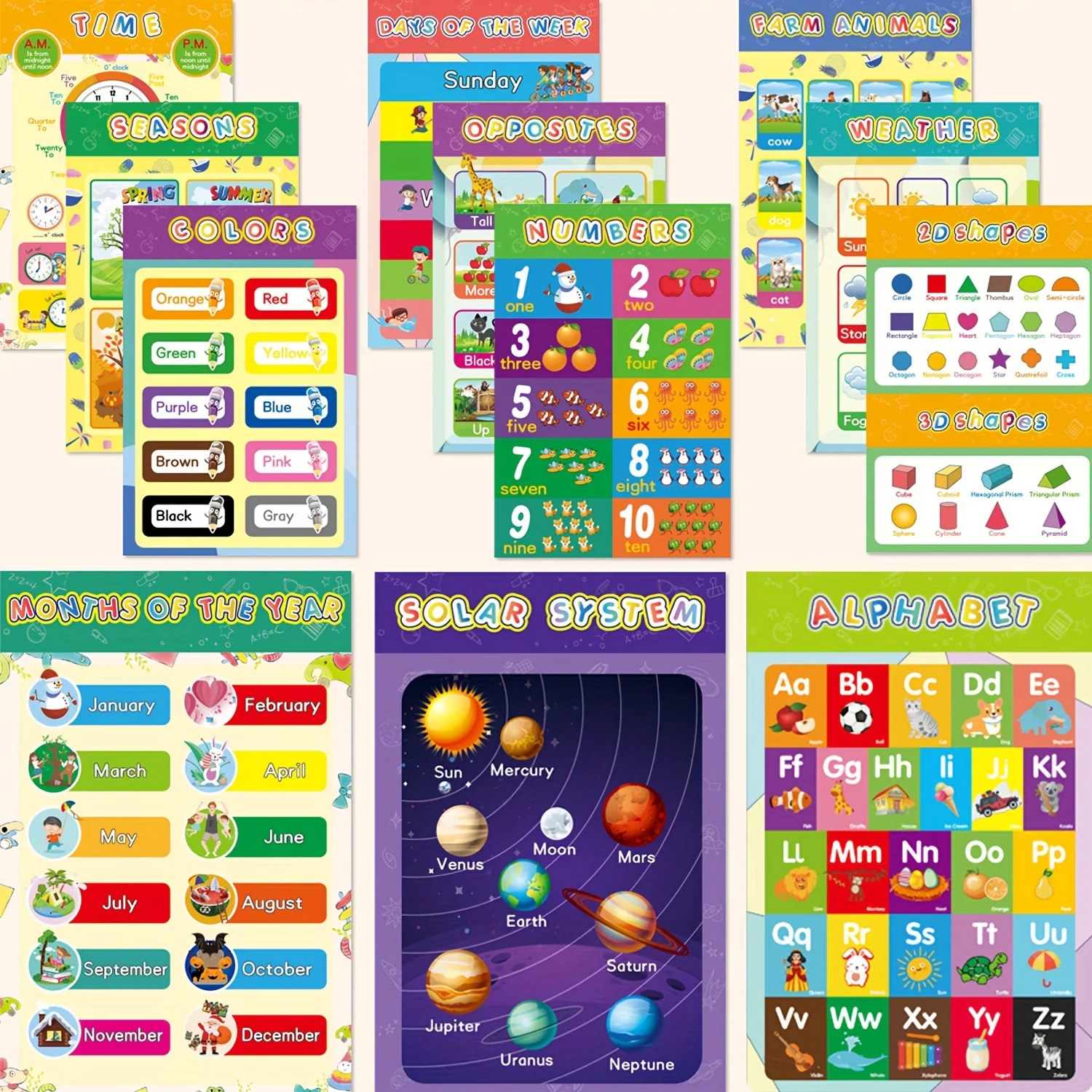 16Pcs Educational Posters for Preschoolers Toddlers Kindergarten Elementary School Education ABC Learning Number Chart for Kids