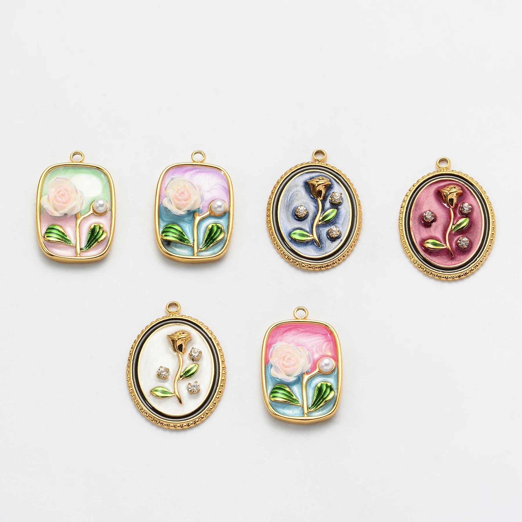 8Pcs Relief Rose Frame Charms Stainless Steel Flower Enamel  Accessories for Making Necklace Earrings Pendant Wholesale