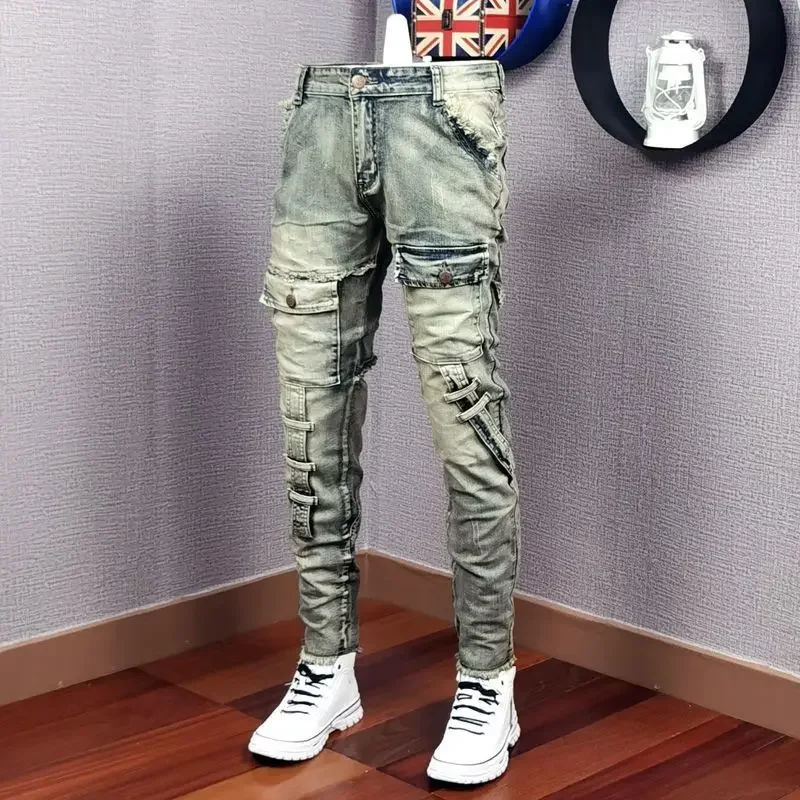 

Autumn Winter 2023 New Broken Denim Jean Men's Patch Slim Feet Fashion Retro Cargo Pants Vintage Pantalon Skinny Jeans B82