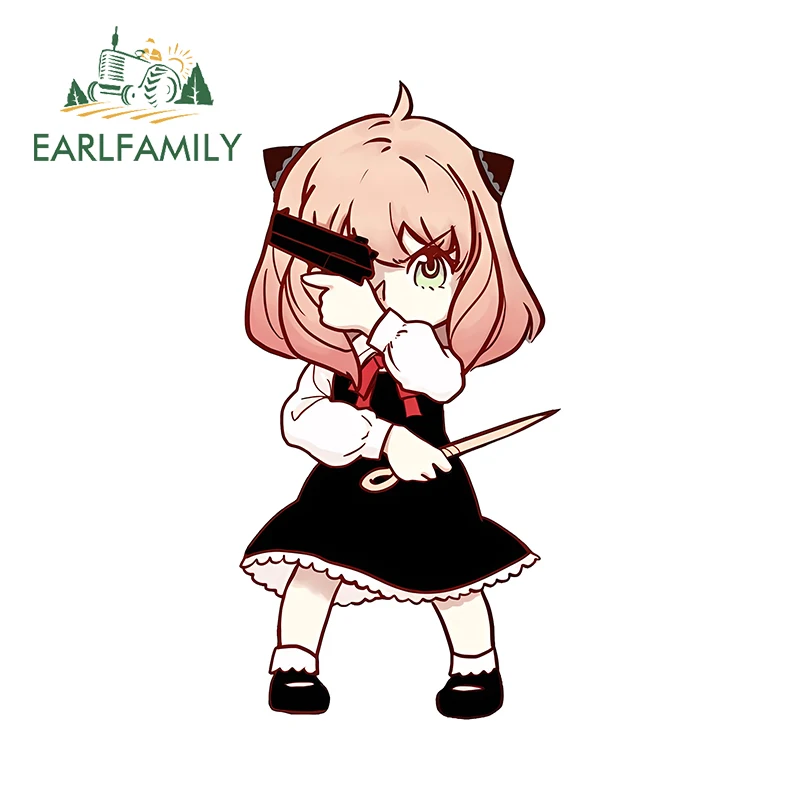 

EARLFAMILY 13cm x 6.5cm Cute Assassin Ania Car Stickers Anime with Gun and Knife Chibi Printing Decal Personality Windows Decor