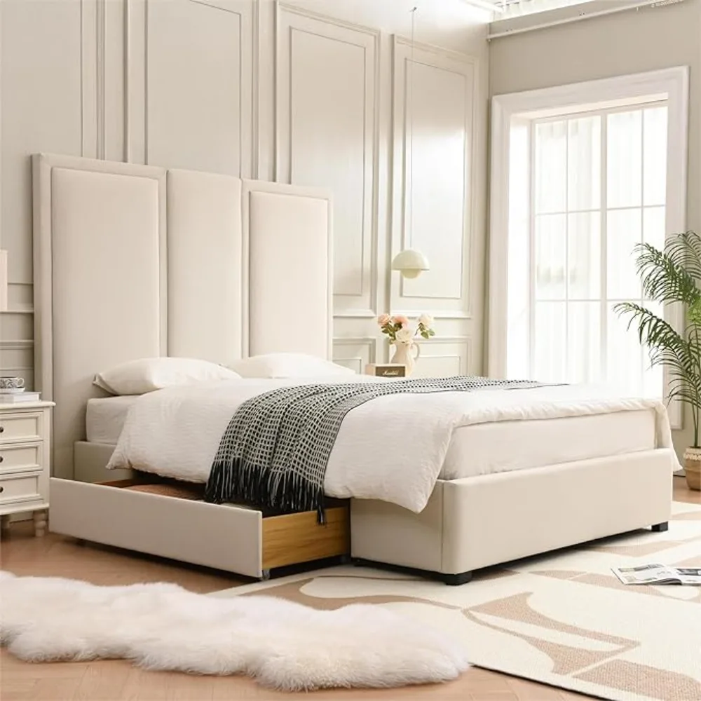 

Queen Size Linen Upholstered Platform Bed 64 Inch Tall Headboard Simple Airy Design Built-in Storage Bedroom Bed Frame