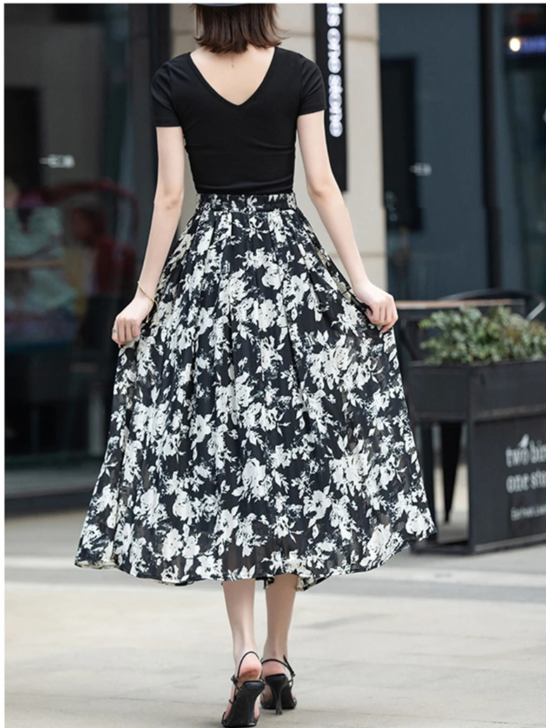 صيف جديد 2026 تنانير شيفون بناتي متوسطة الطول بخصر مطاطي عتيق مطبوعة على شكل حرف a خفيفة الوزن ومزاجية أنيقة #4