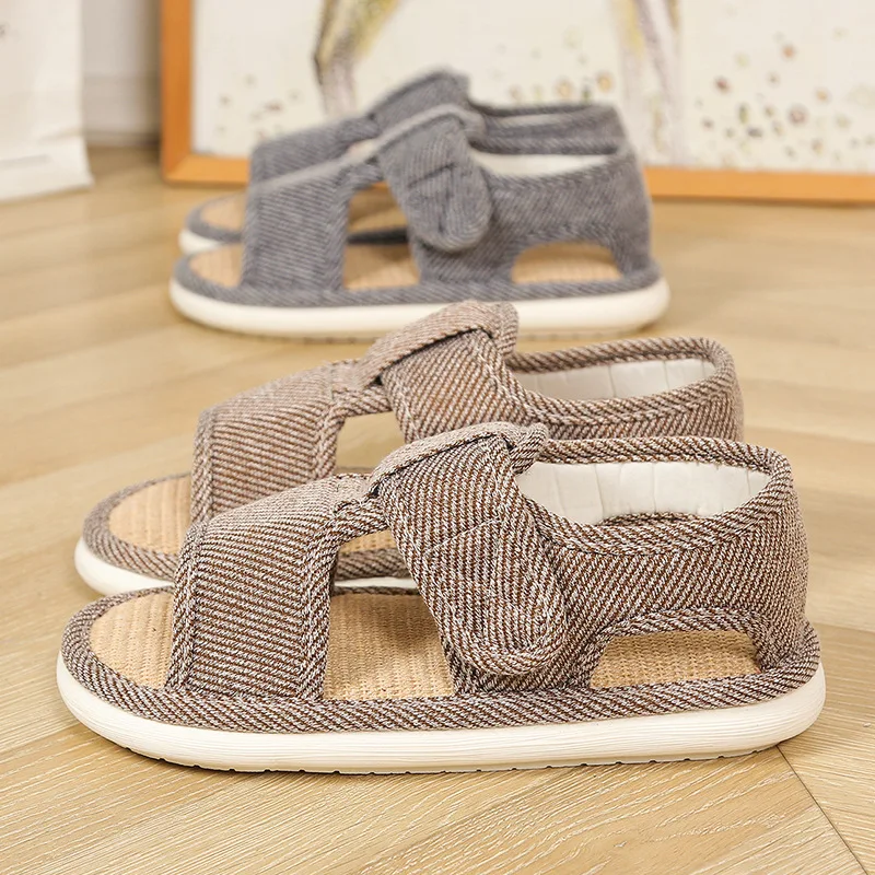 

Adjustable Magic Tape Linen Slippers Anti-Slip Breathable for Swollen Feet Home Men Middle-Aged And Elderly Sandals