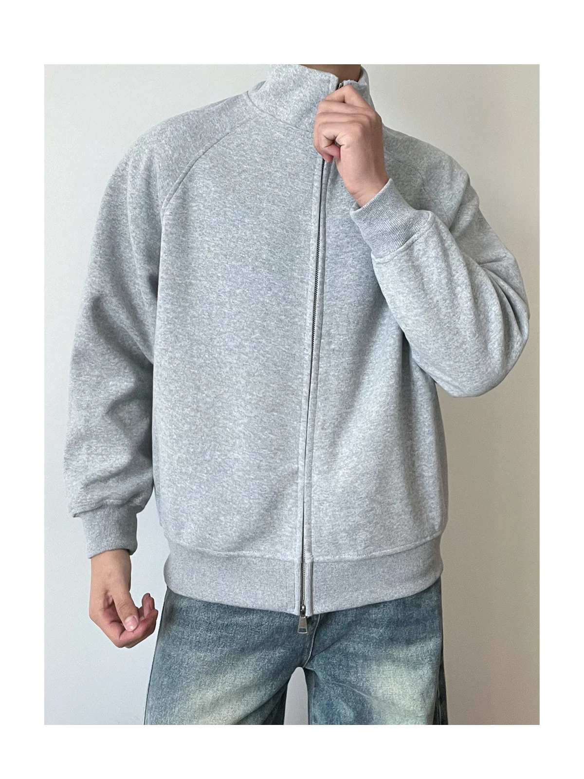 LORNIAN Men's Casual Style Sweatshirt Jacket Stand Collar Loose Fit Sporty Autumn Fashionable Heavyweight 700g