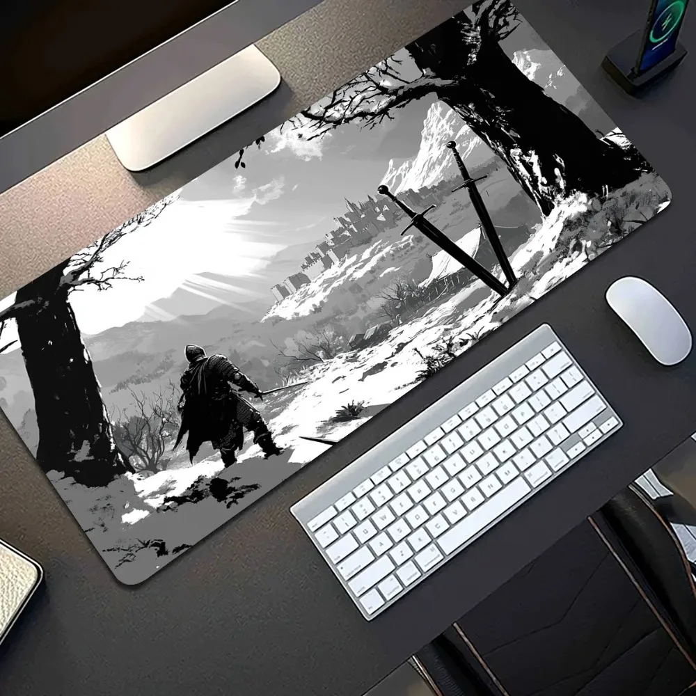 A rubber gaming mouse pad featuring anime graphics, black-and-white illustrations, knights,medieval castle design pc accessories