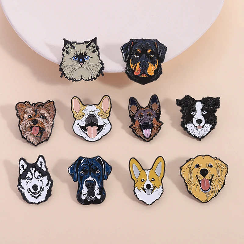 Alfileres esmaltados para perros y mascotas, broches de animales de dibujos animados de pastor alemán, Husky, Bulldog Francés, Corgi, insignia para mochila con solapa, joyería