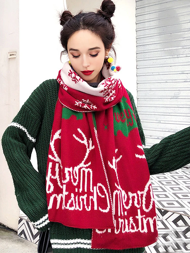 Autumn and Winter Christmas Knitted Yarn Scarf Women's Elk Pattern Knitted Shawl Red Thickeneded Warm Scarf