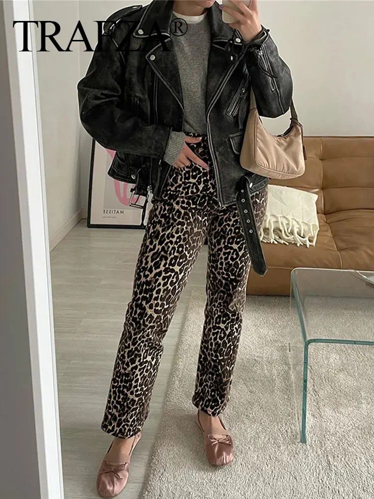 TRAFZA 2024 Woman Leopard Print Trouser High Waist Loose Zipper Fly Female Long Pants Vintage Streetwear Women\'s Wide Leg Pant