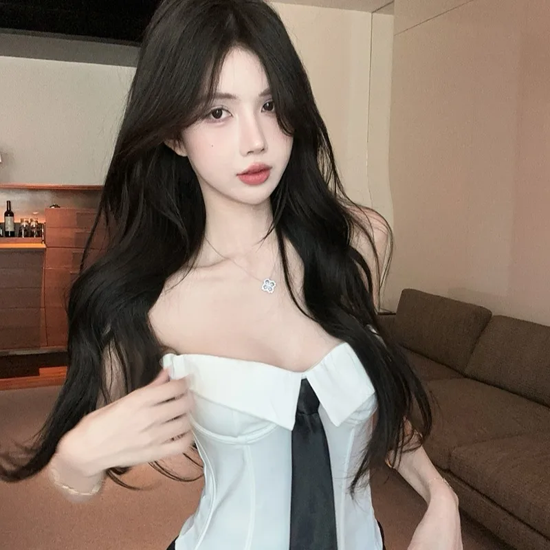 Pure Desire White Collar Tube Top Vest Women Summer Design Slim Fit Irregular Fishbone Base Shirt Female 18-24 Years Old