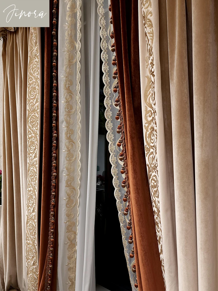 Vintage Customized Milk Tea Brown Embroidery Velvet Patchwork Blackout Curtains For Living Room Bedroom French Window Villa