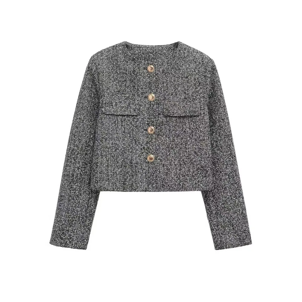 2025 Spring New Fashion Lady Commuting Women Classic Weaving Texture O-Neck Pocket Jacket Long Sleeve Single-breasted Outwear