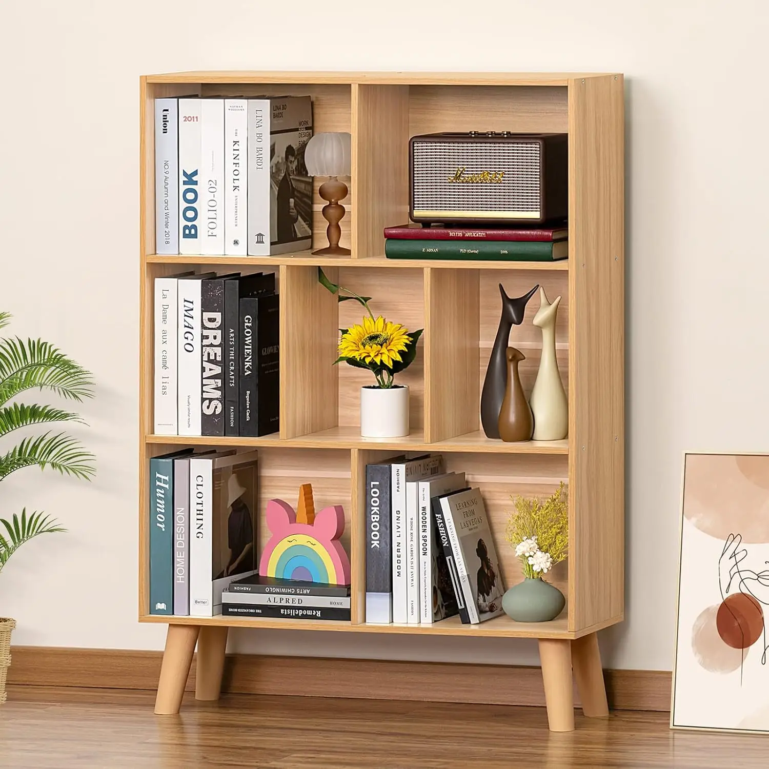 

Wooden 7 Cube Book Shelf, Natural 3 Tier Bookshelf with Legs, Modern Open Storage Organizer,Boho Bookcase,Display Cabin