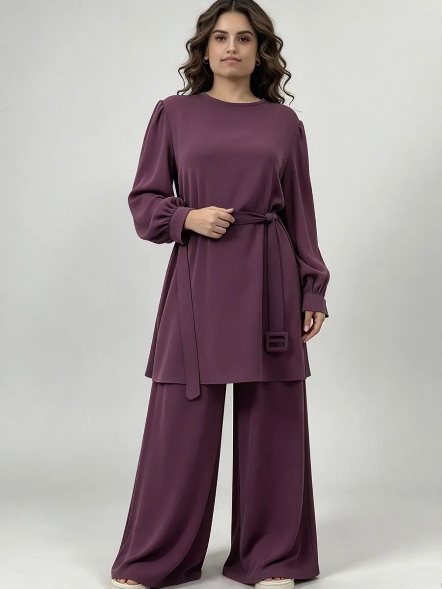 Muslim Women Two Piece Suit Solid Color Long Sleeve Tunic Top Wide Leg Pants With Belt Modest Abaya Set Turkey Islamic Clothing