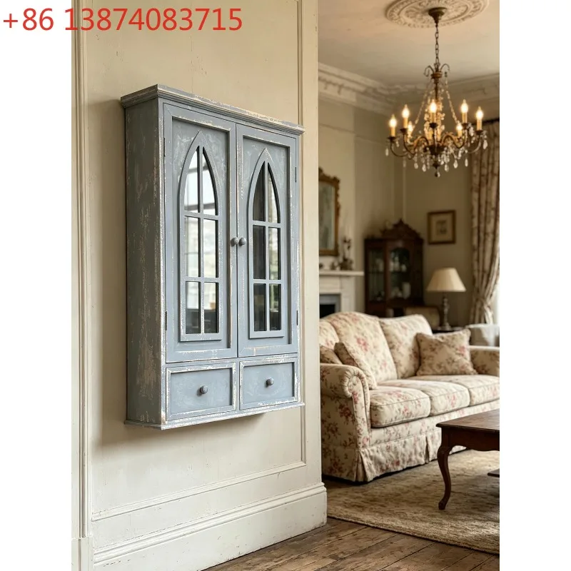 French country style retro pointed arched window, old wood glass wall hanging cabinet