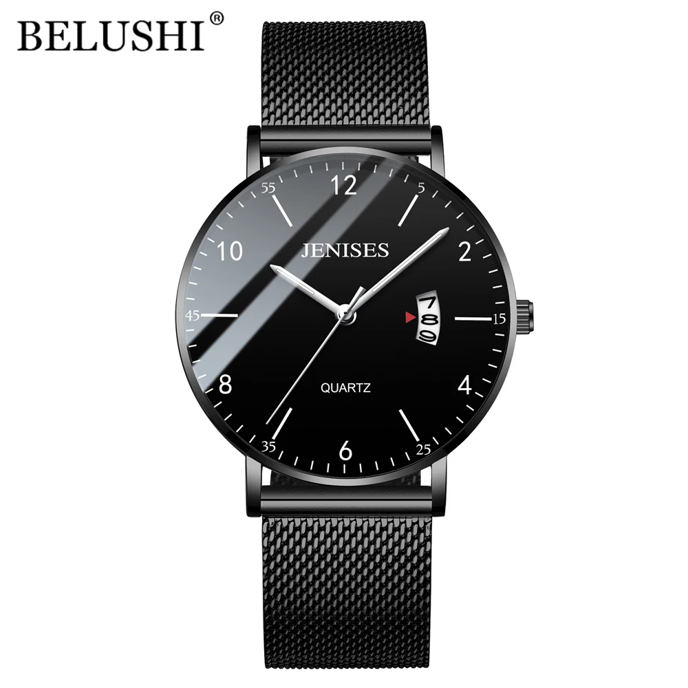 JENISES Fashion Ultra-thin Mens Watches Simple Wristwatch Clock Stainless Steel Mesh Belt Quartz Men Watch Calendar Wristwatch