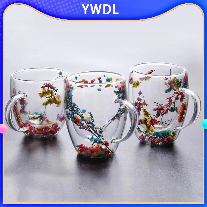 YWDL 1/2pcs Double Wall Glass Cup With Handle Heat Resistant Tea Coffee Cups Espresso Milk Mug Gift