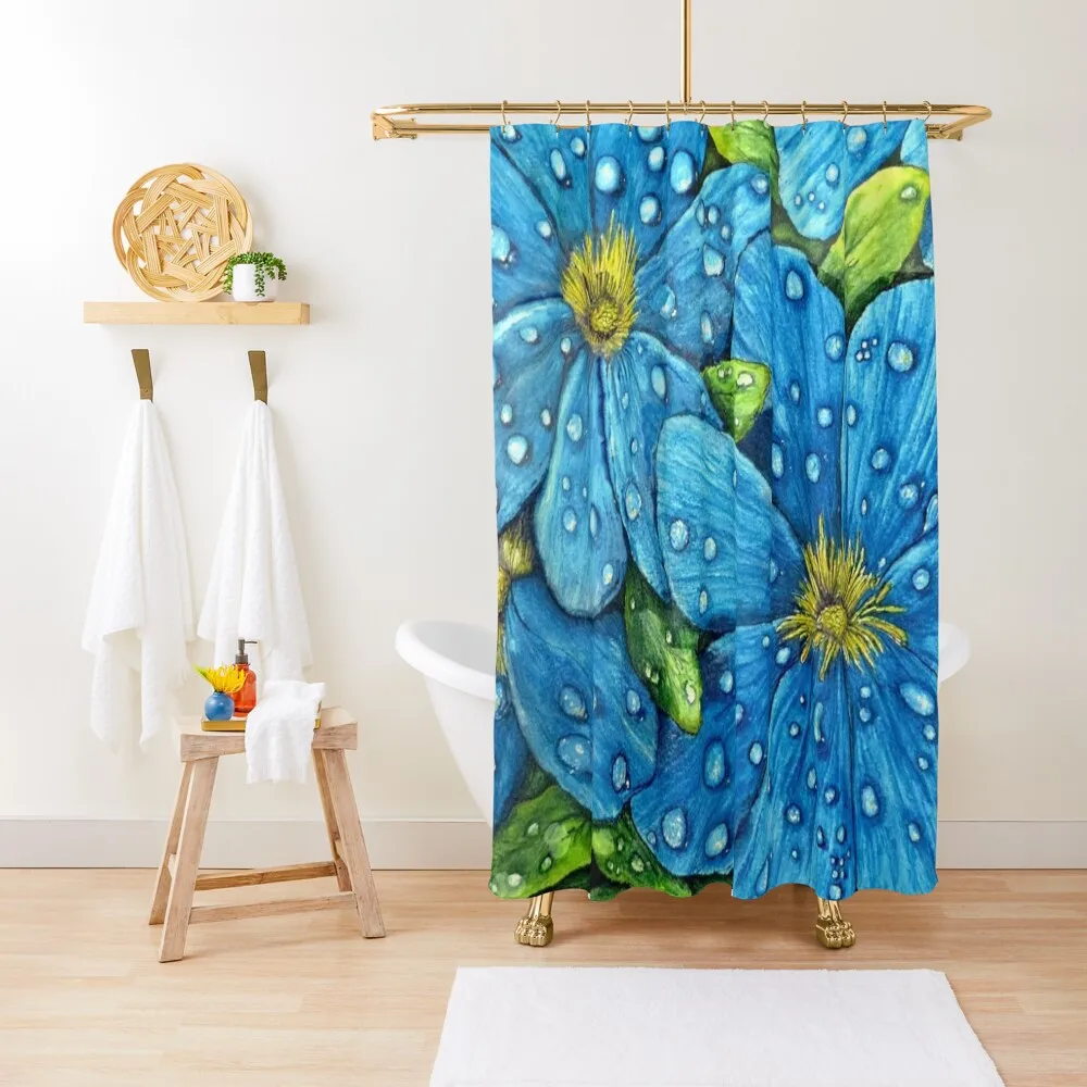 

Blue Rain Drops on Flower Shower Curtain Bathroom For Shower Bathroom Deco Curtain