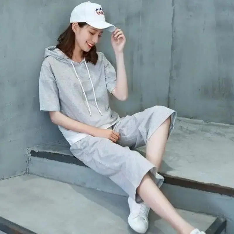 Summer New Casual Fashion Sports Suit Women\'s 2024 Korean Loose Student Hooded Short Sleeve Tops Wide Leg Pants 2 Two Piece Sets