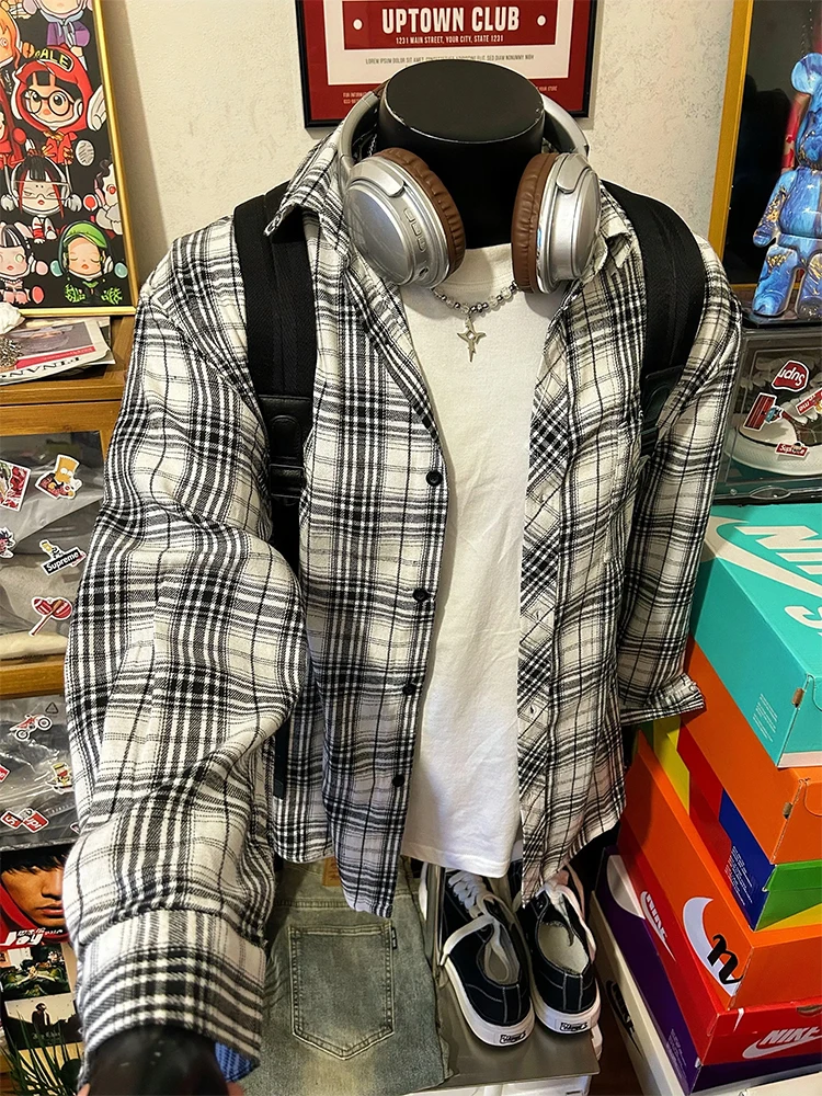 

Bla White Plaid Long Sve Men's irt Casual Lightweight Spring Outerwear Loose Fit American Retro Sle Button up