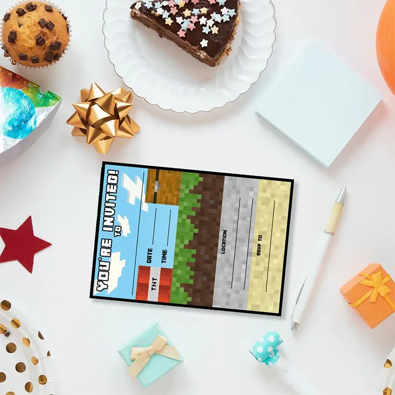 Pixel Theme Cartoon Birthday Mine Crafter Greeting Card Single-Page Invitation Card for Kid Game Supply 8pcs Party Supplies
