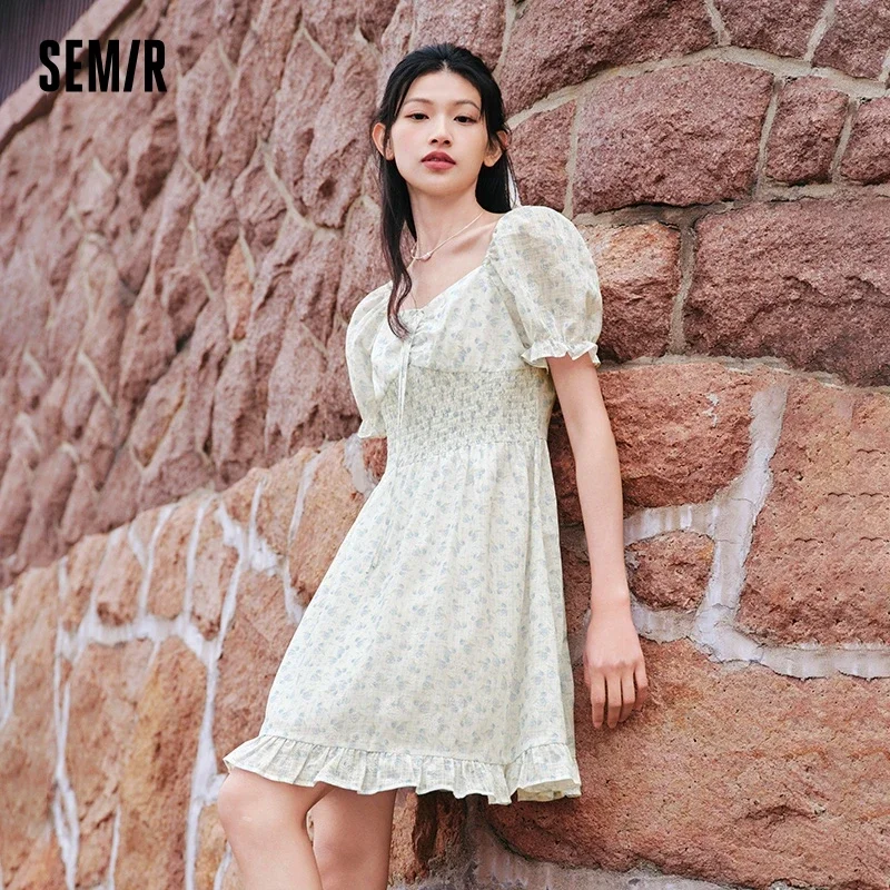 

Semir Ruffled Hem Chiffon Mini Skirt Women Floral Print Short Dress 2024 New Square Neck Waist-drawing Romantic Dress