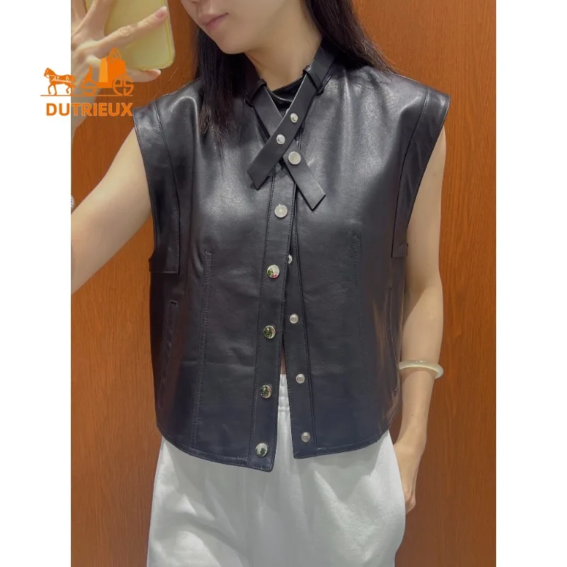 Autumn Women's Small Stand-up Collar Pocket Real Leather Vest, 100% Genuine Sheepskin Dignified Noble Intellectual Gentle Coat