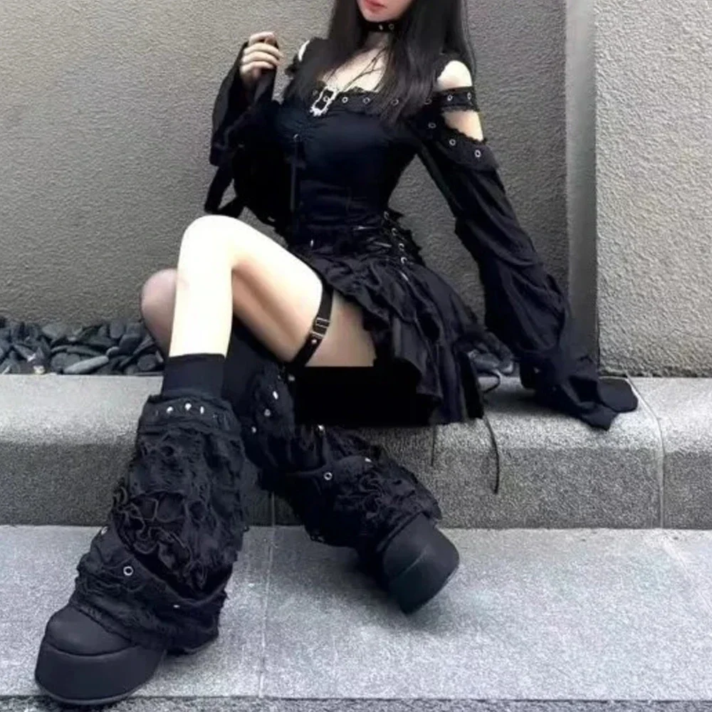 

High Waist A-line Mini Skirts Suit Japanese Outfits Harajuku Two Piece Sets Y2k Clothes Women Off Shoulder Square Collar Tshirts