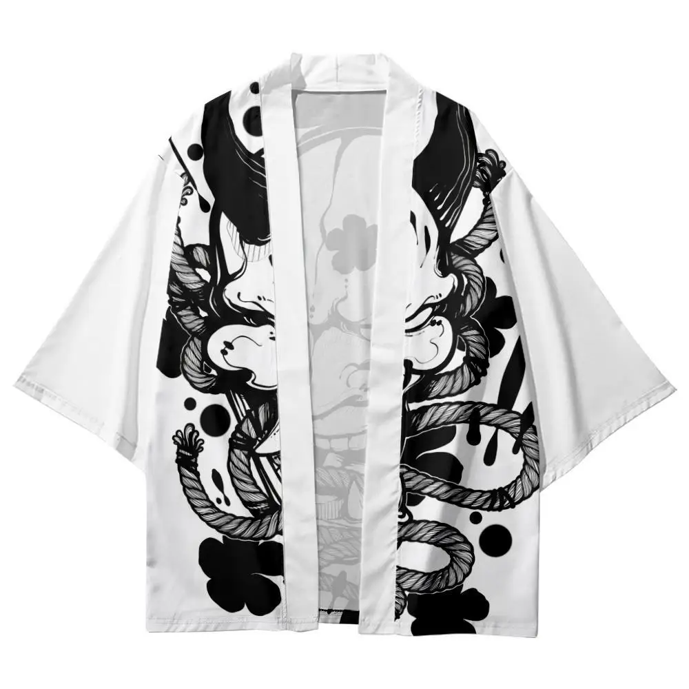 

Cartoon Demon Prajna Printed White Japanese Kimono Beach Shorts Men Women Looser Cardigan Yukata Clothing Harajuku Haori