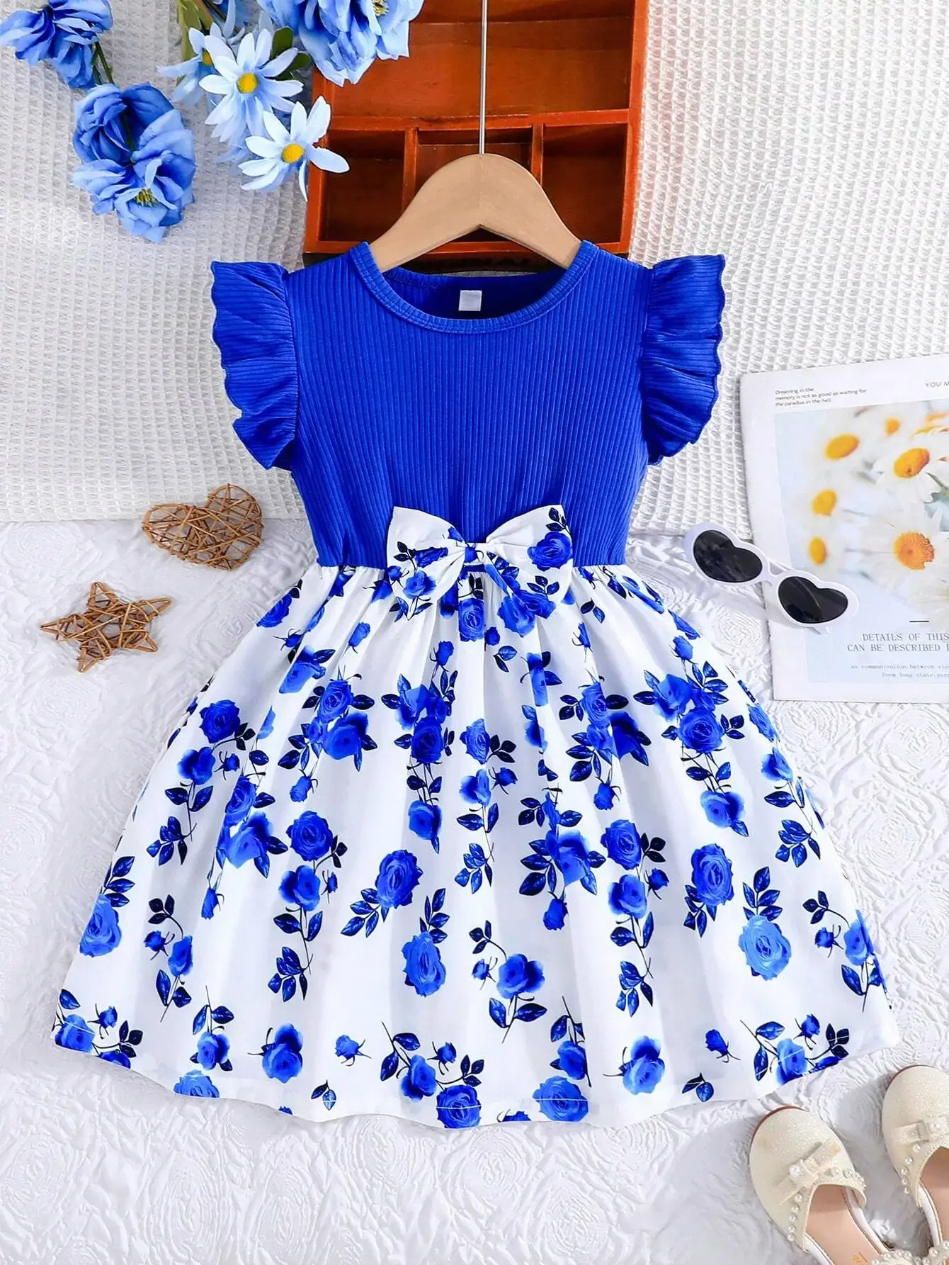 

Girls' Summer Ruffled Sleeve Bow-Tie Floral Print Sweet Casual Vacation Dress