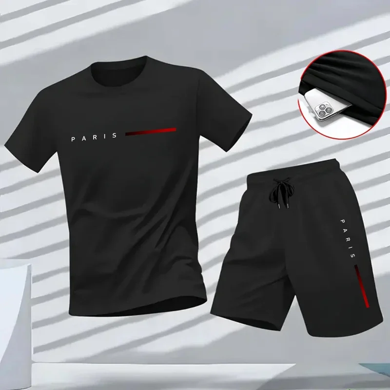 

2026 Paris Print Summer Men's Set Short Sleeve Top and Sports Shorts Urban Casual Fashion Sportswear Male Daily Training Outfits