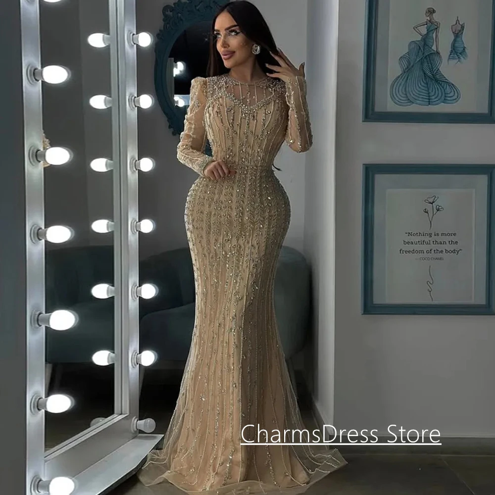 Aangepaste Arabische avondjurk elegante ronde hals lange mouwen lovertjes sweep trein zeemeermin feestjurk galajurken