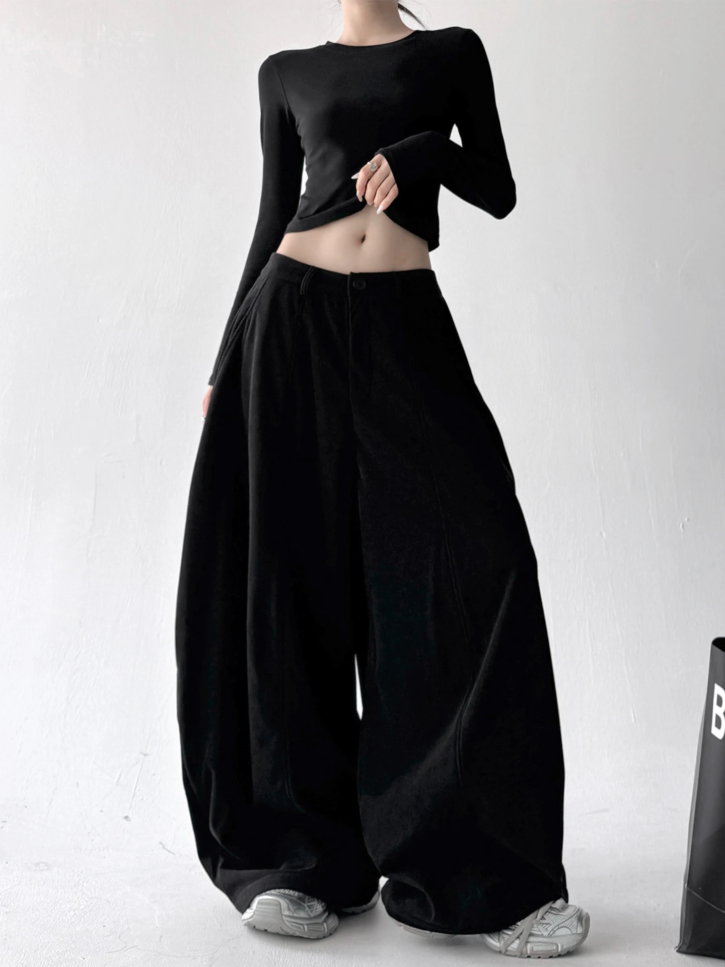 High Waist Loose Wide Leg Pants Floor Length Commuter Trousers Pure Color Casual Straight Cut Polyester Ladies Faion