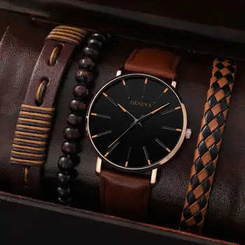 男性用クォーツ時計,革と木製のビーズブレスレット,シンプルな青い針,時計,ギフトセット,ファッション,4個