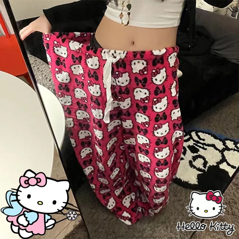 Sanrio Hello Kitty Celana Mewah Women Thickened Warm Pajama Pants Cute Cartoon Celana Long Pants Kaki Lebar Celana Lurus Longgar