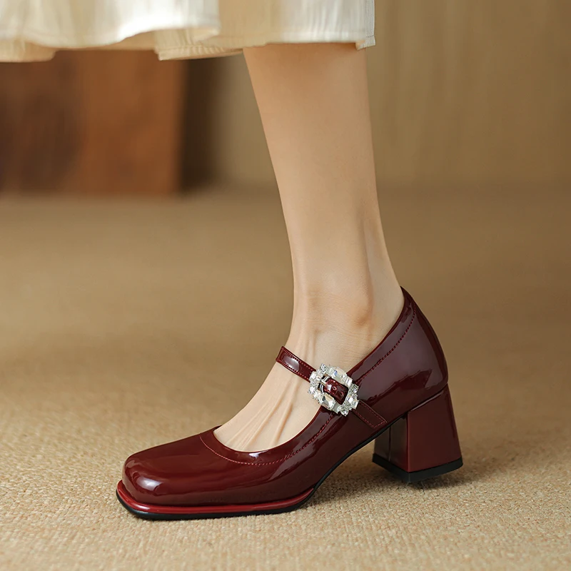 2026 new spring autumn women pumps natural leather plus size 22-26.5 cm cowhide+pigskin square toe buckle high heel  women shoes