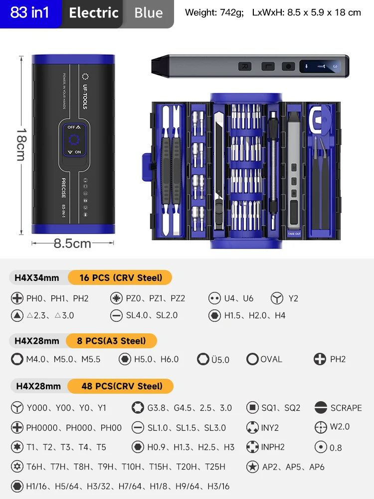 83-delige precisie elektrische schroevendraaierset, draadloos, USB-oplaadbaar, 4-traps koppelinstelbaar, reparatieset met LED-displaylicht