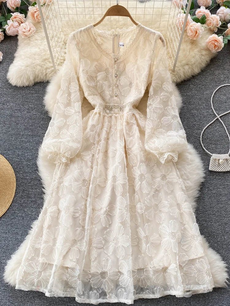 Women's Apricot A-line Lace Evening Dress Vintage Long Sleeve Luxury Dresses Y2k Party Club One Piece Frocks 2000s Clothes 2024