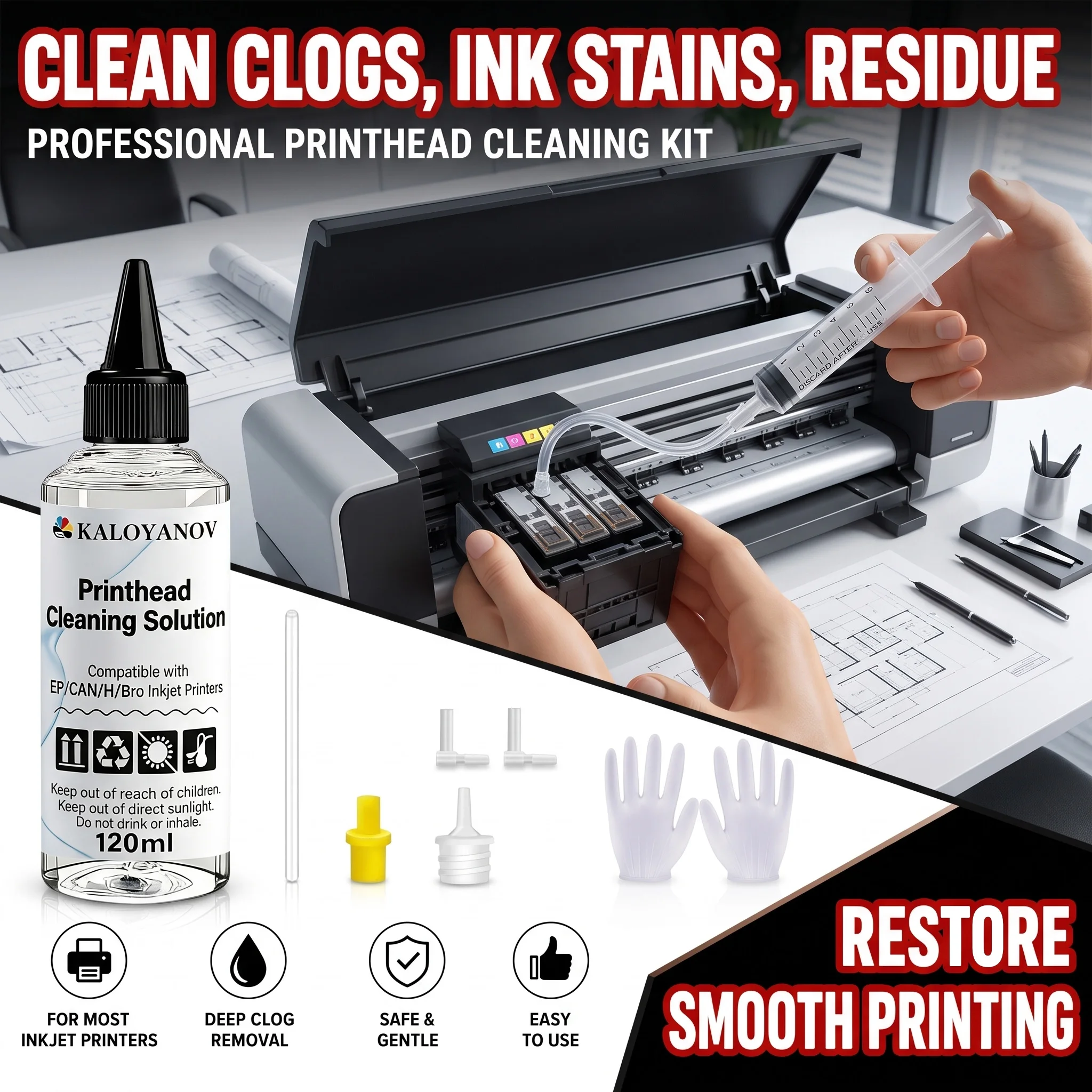 Professional Printhead Cleaning Kit for Epson HP Canon Brother, Powerful Inkjet Nozzle Unclogger Solution, Deep Maintenance Tool